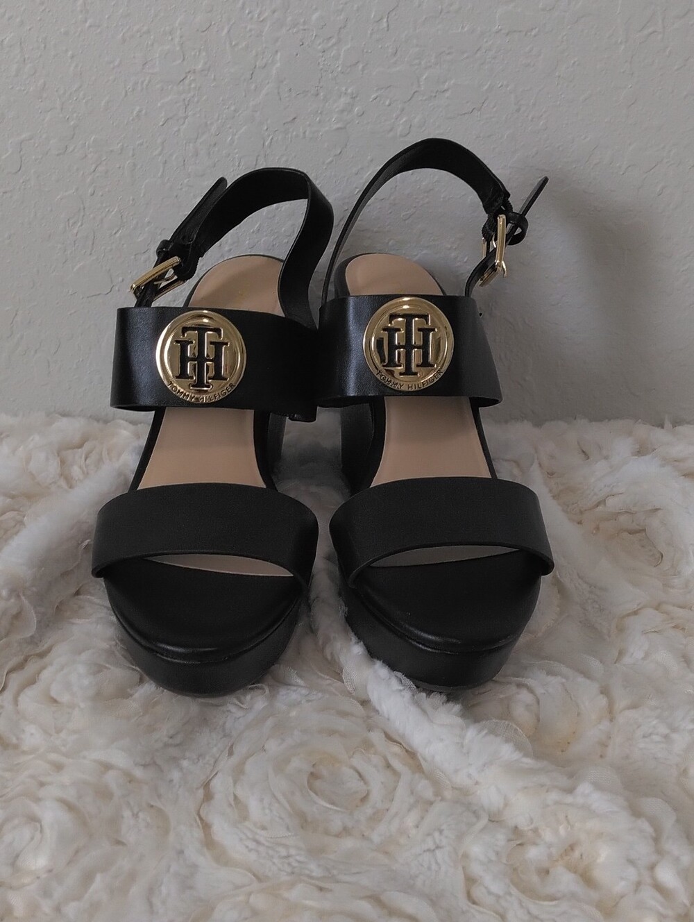Tommy Hilfiger Black Platform Sandals with Gold Emblem